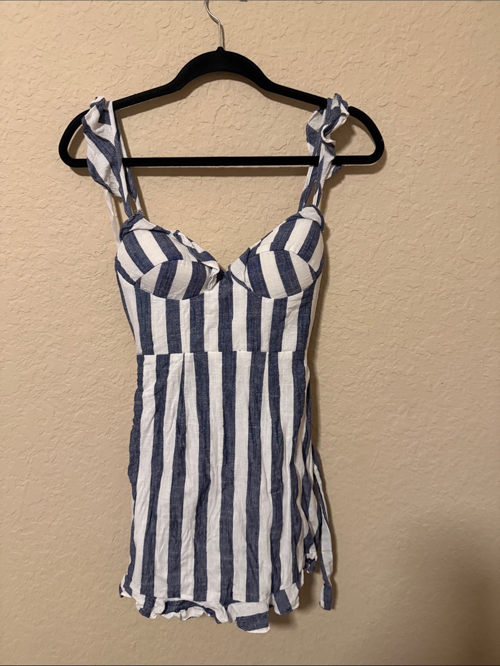 Selfie Leslie Navy and White Striped Tie-Waist Romper